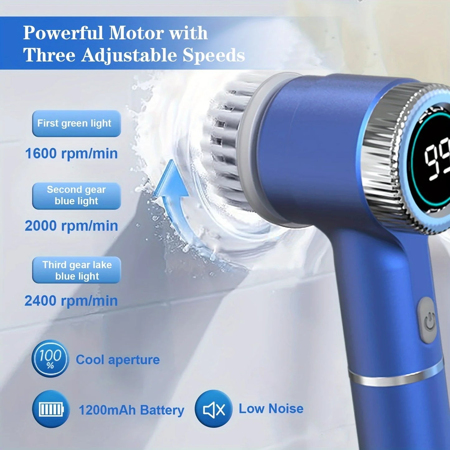 Electric Spin Scrubber – 3-Speed Handheld Cleaning Brush with 5 Heads & LED Display
