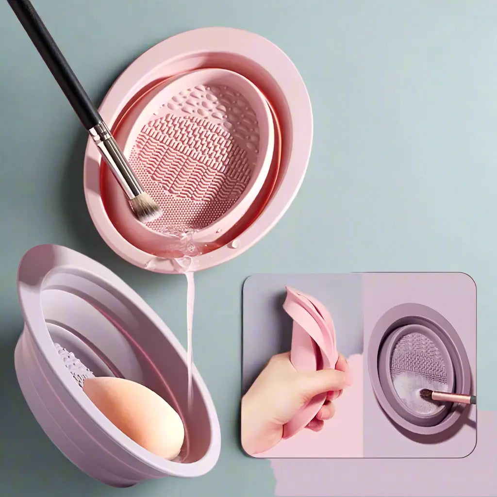 Silicone Makeup Brush Cleaner Kit – Foldable Mat with Bottle & Travel Bag