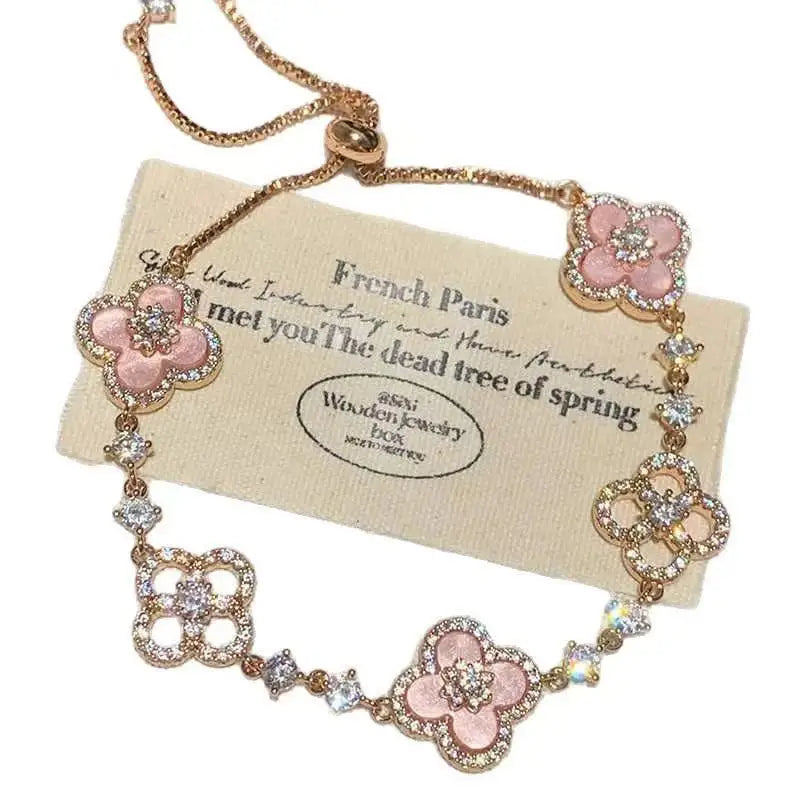 Four-Leaf Clover Bracelet – Micro-Zirconia Inlay, 25.5cm Silver Chain