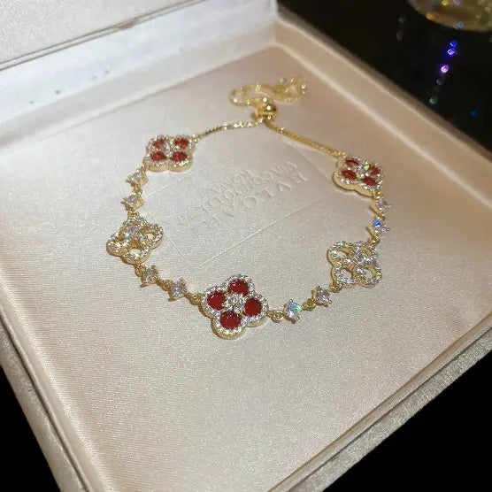 Four-Leaf Clover Bracelet – Micro-Zirconia Inlay, 25.5cm Silver Chain