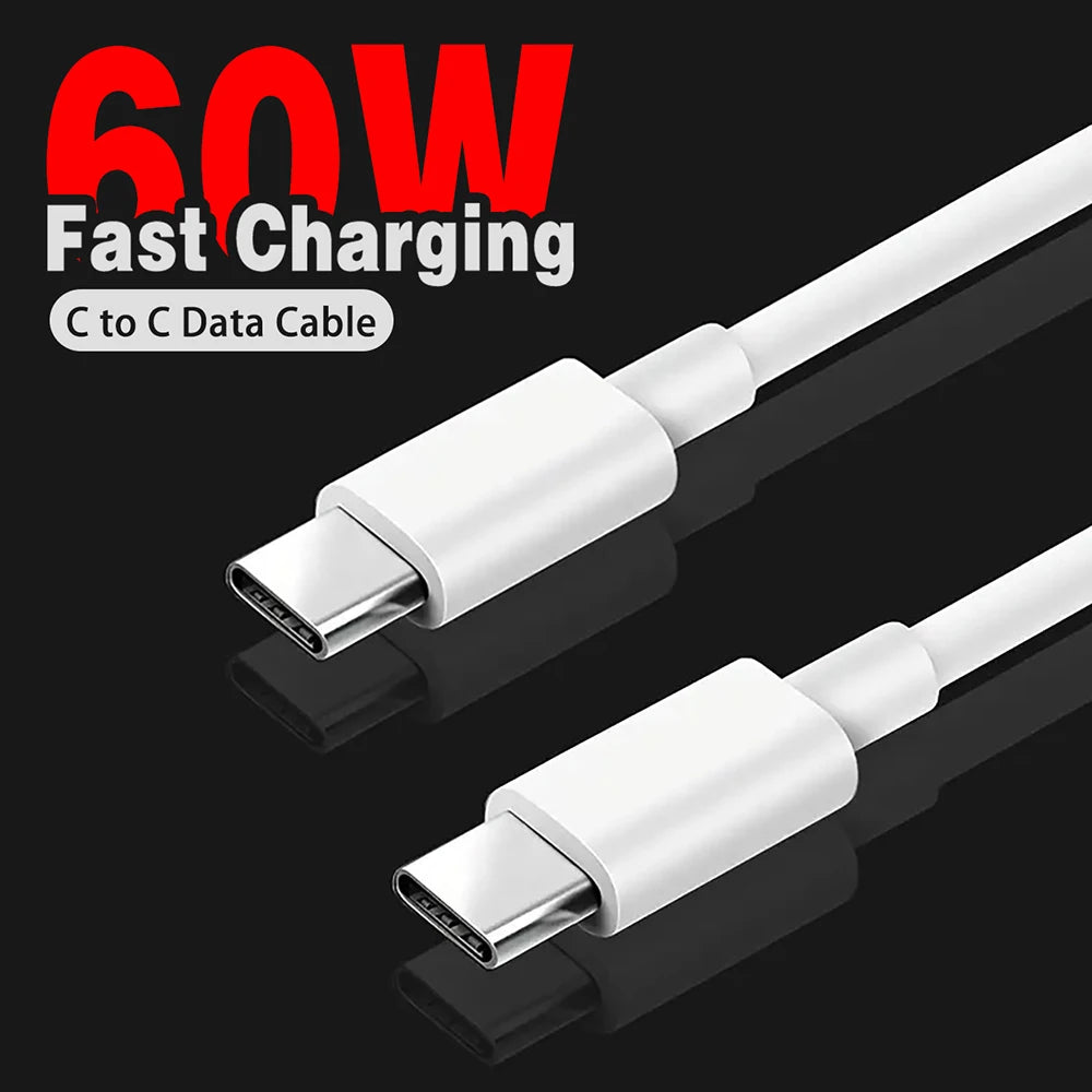 60W USB-C to USB-C Fast Charging & Data Cable – Compatible with iPhone 15/15 Pro, Huawei, Samsung, Xiaomi – Black/White – 1m/2m/3m