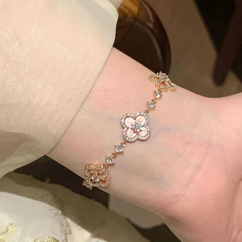 Four-Leaf Clover Bracelet – Micro-Zirconia Inlay, 25.5cm Silver Chain