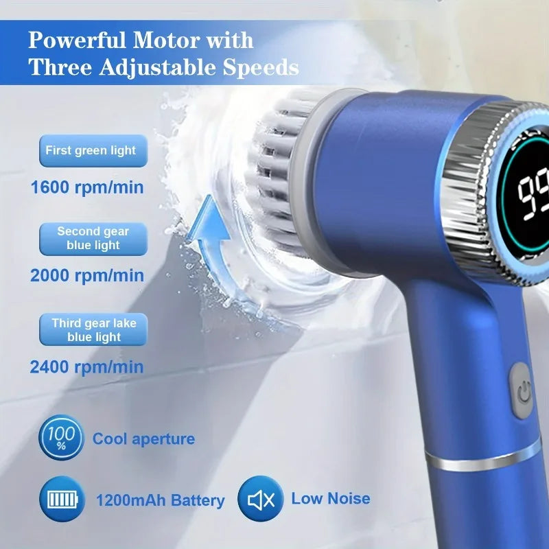 Electric Spin Scrubber – 3-Speed Handheld Cleaning Brush with 5 Heads & LED Display