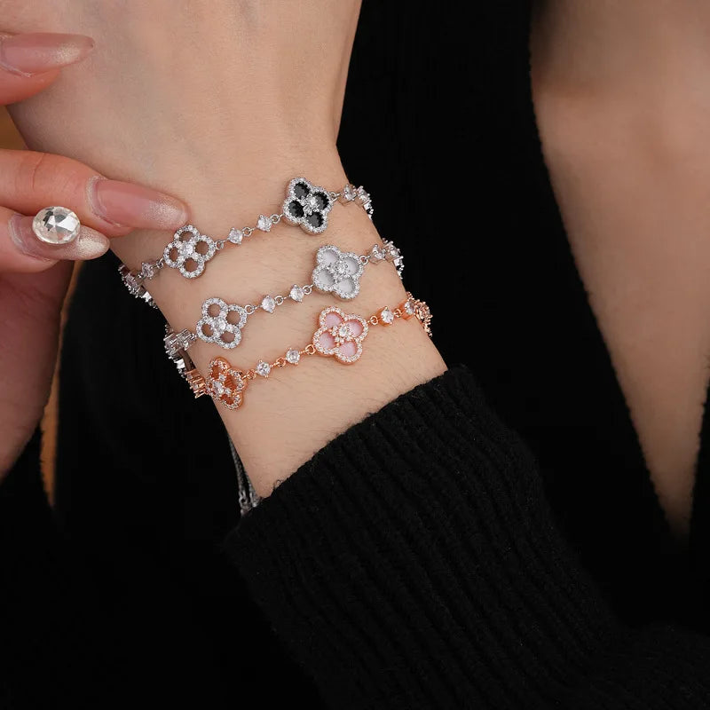 Four-Leaf Clover Bracelet – Micro-Zirconia Inlay, 25.5cm Silver Chain