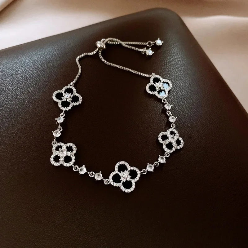 Four-Leaf Clover Bracelet – Micro-Zirconia Inlay, 25.5cm Silver Chain