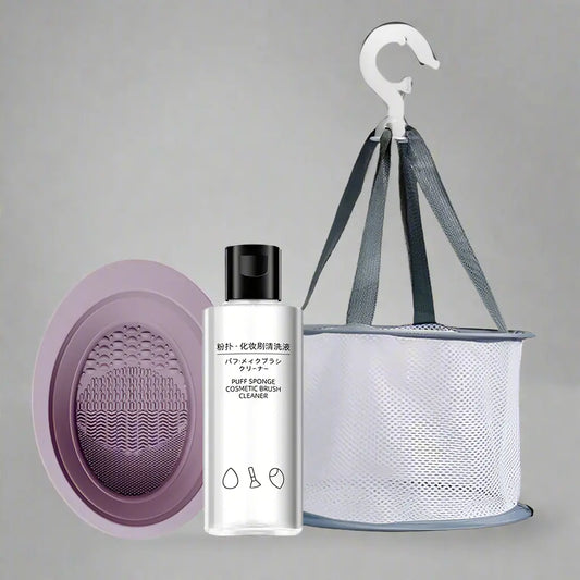 Silicone Makeup Brush Cleaner Kit – Foldable Mat with Bottle & Travel Bag