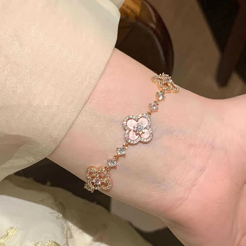 Four-Leaf Clover Bracelet – Micro-Zirconia Inlay, 25.5cm Silver Chain