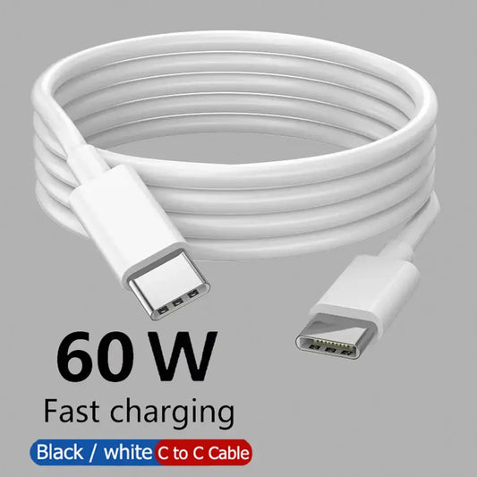 60W USB-C to USB-C Fast Charging & Data Cable – Compatible with iPhone 15/15 Pro, Huawei, Samsung, Xiaomi – Black/White – 1m/2m/3m