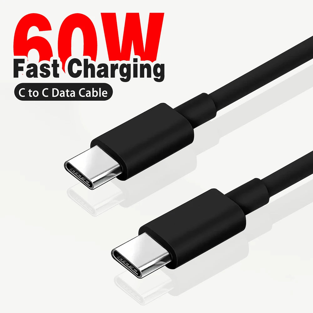60W USB-C to USB-C Fast Charging & Data Cable – Compatible with iPhone 15/15 Pro, Huawei, Samsung, Xiaomi – Black/White – 1m/2m/3m