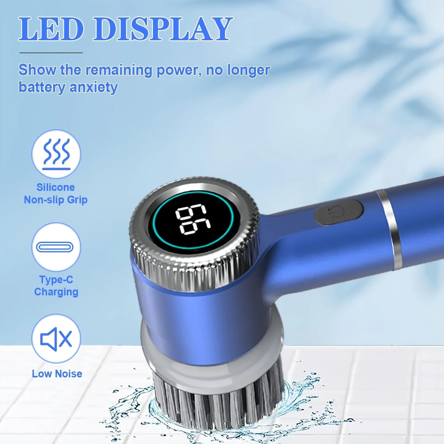 Electric Spin Scrubber – 3-Speed Handheld Cleaning Brush with 5 Heads & LED Display
