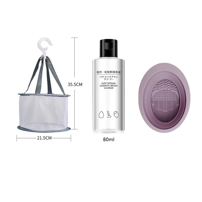 Silicone Makeup Brush Cleaner Kit – Foldable Mat with Bottle & Travel Bag