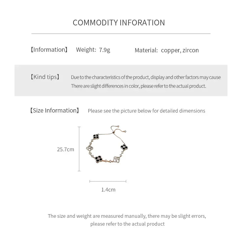 Four-Leaf Clover Bracelet – Micro-Zirconia Inlay, 25.5cm Silver Chain