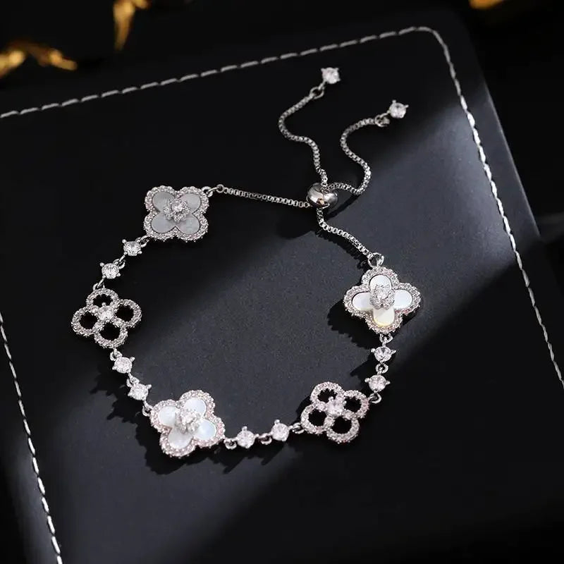 Four-Leaf Clover Bracelet – Micro-Zirconia Inlay, 25.5cm Silver Chain