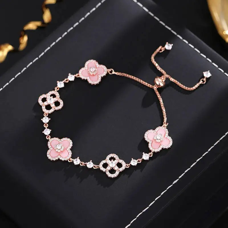 Four-Leaf Clover Bracelet – Micro-Zirconia Inlay, 25.5cm Silver Chain