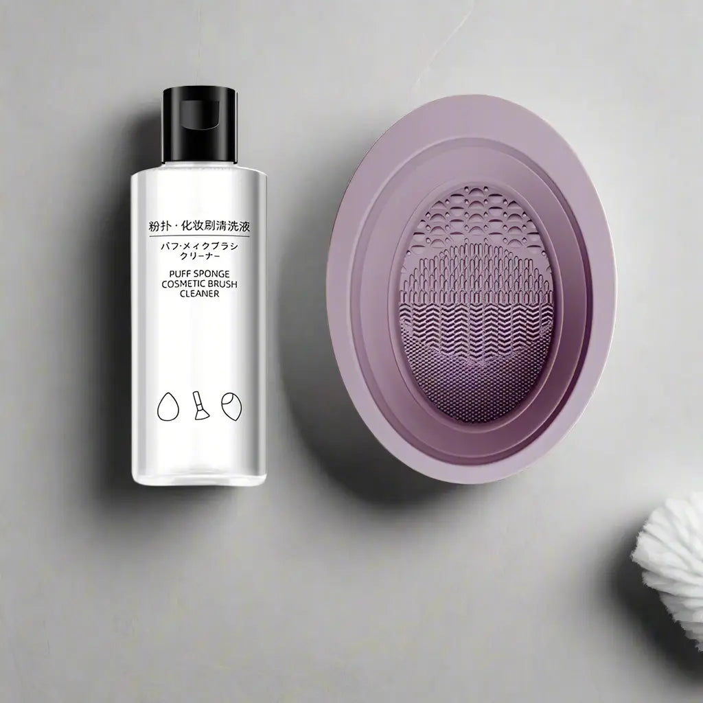 Silicone Makeup Brush Cleaner Kit – Foldable Mat with Bottle & Travel Bag