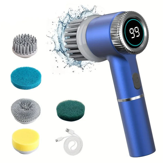 Electric Spin Scrubber – 3-Speed Handheld Cleaning Brush with 5 Heads & LED Display